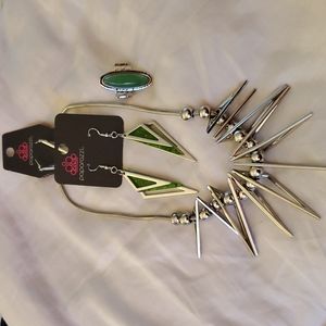 Paparazzi 3pc Silver and Green Necklace, Earrings, & Ring Set